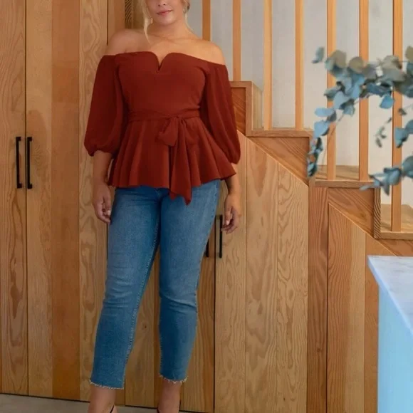 Boho plus  burgundy off shoulder peplum blouse - Picture 15 of 16